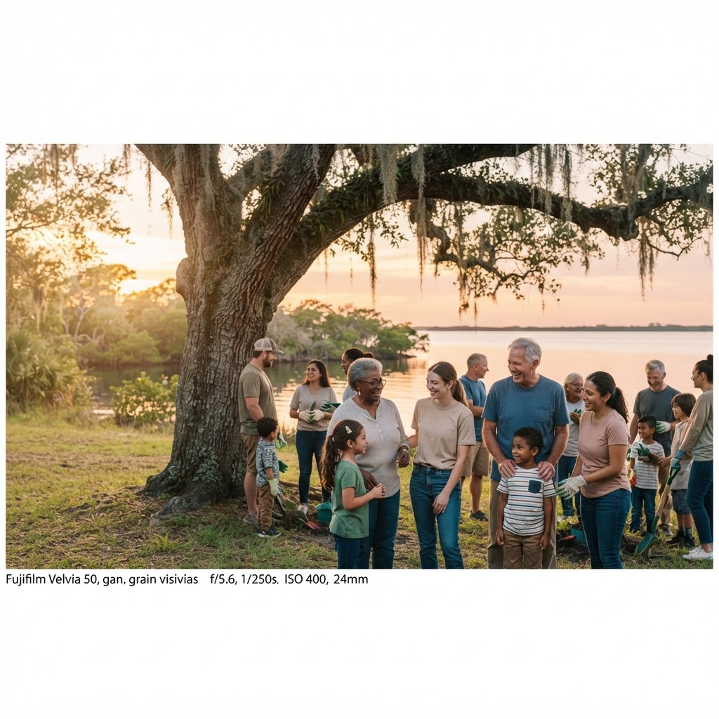Community members gathering together under a tree near the Florida coast